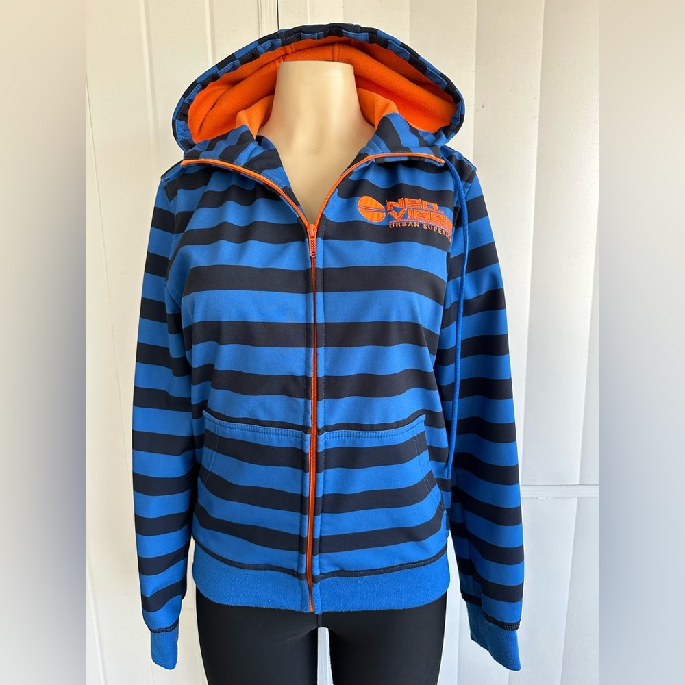 FISHBONE Mens Zip Hoodie Sweater Size Small Blue/Black Striped, Orange Zipper